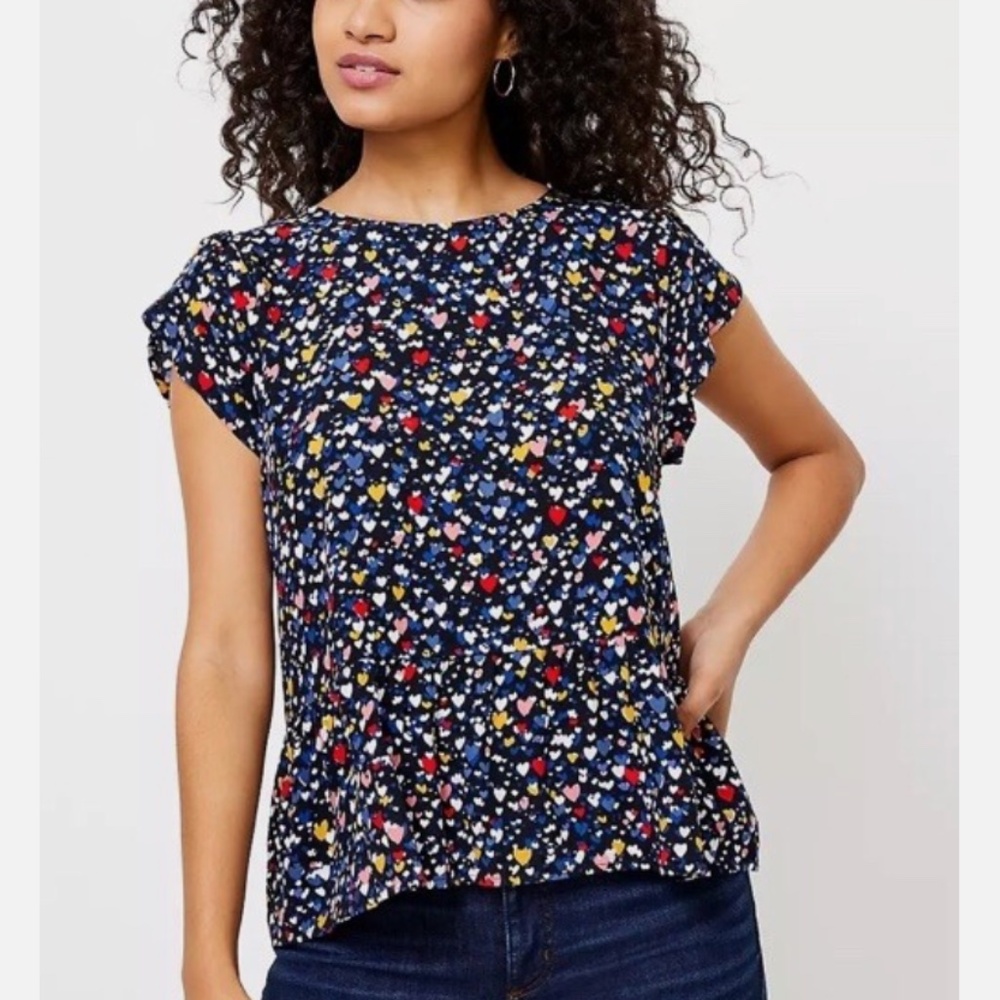 Loft Navy with hearts Peplum top sz L